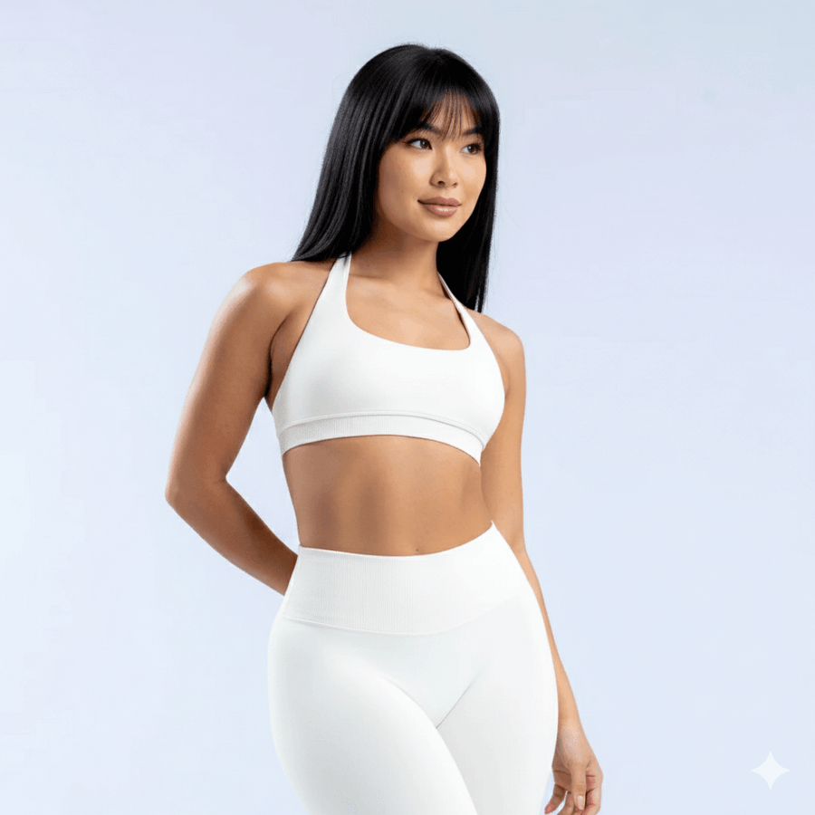 Empower Ivory Sports Bra front view Empower Indigo Sports Bra front view