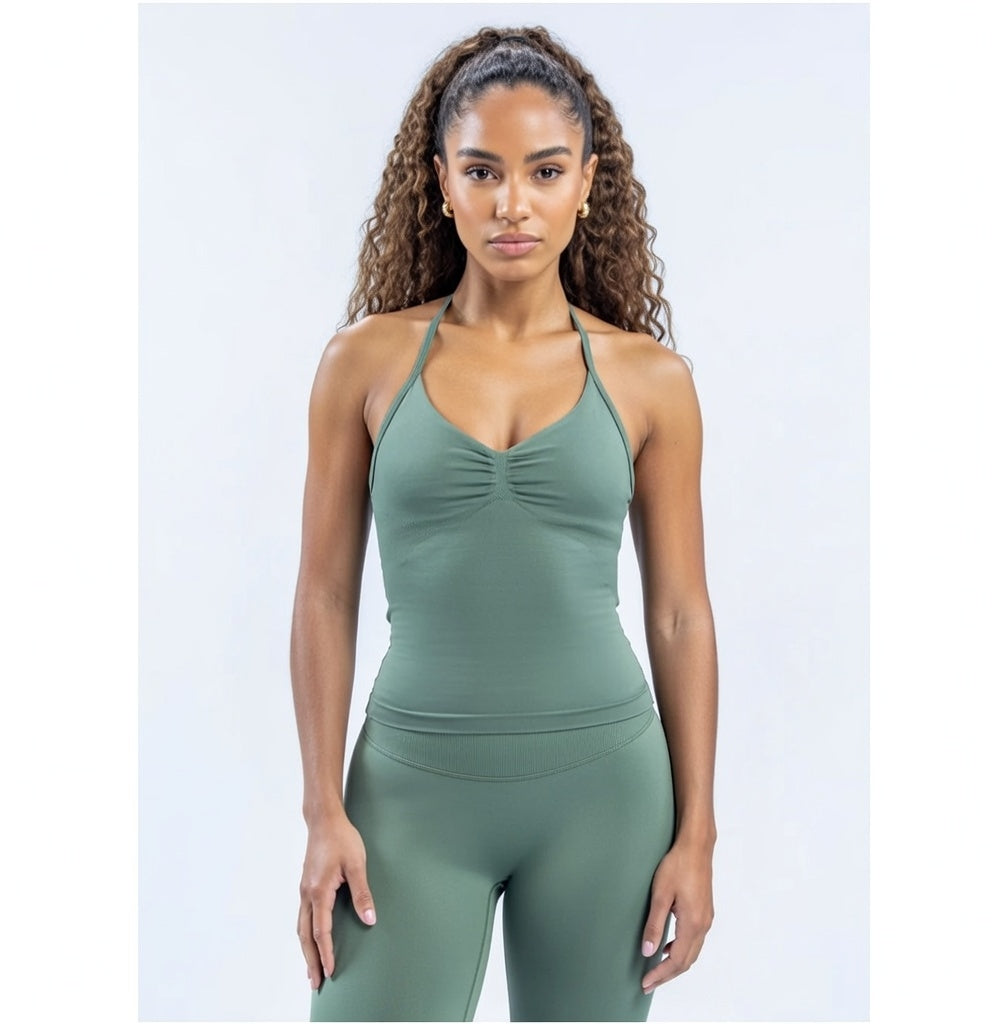 Olive fitted tank top fabric close-up