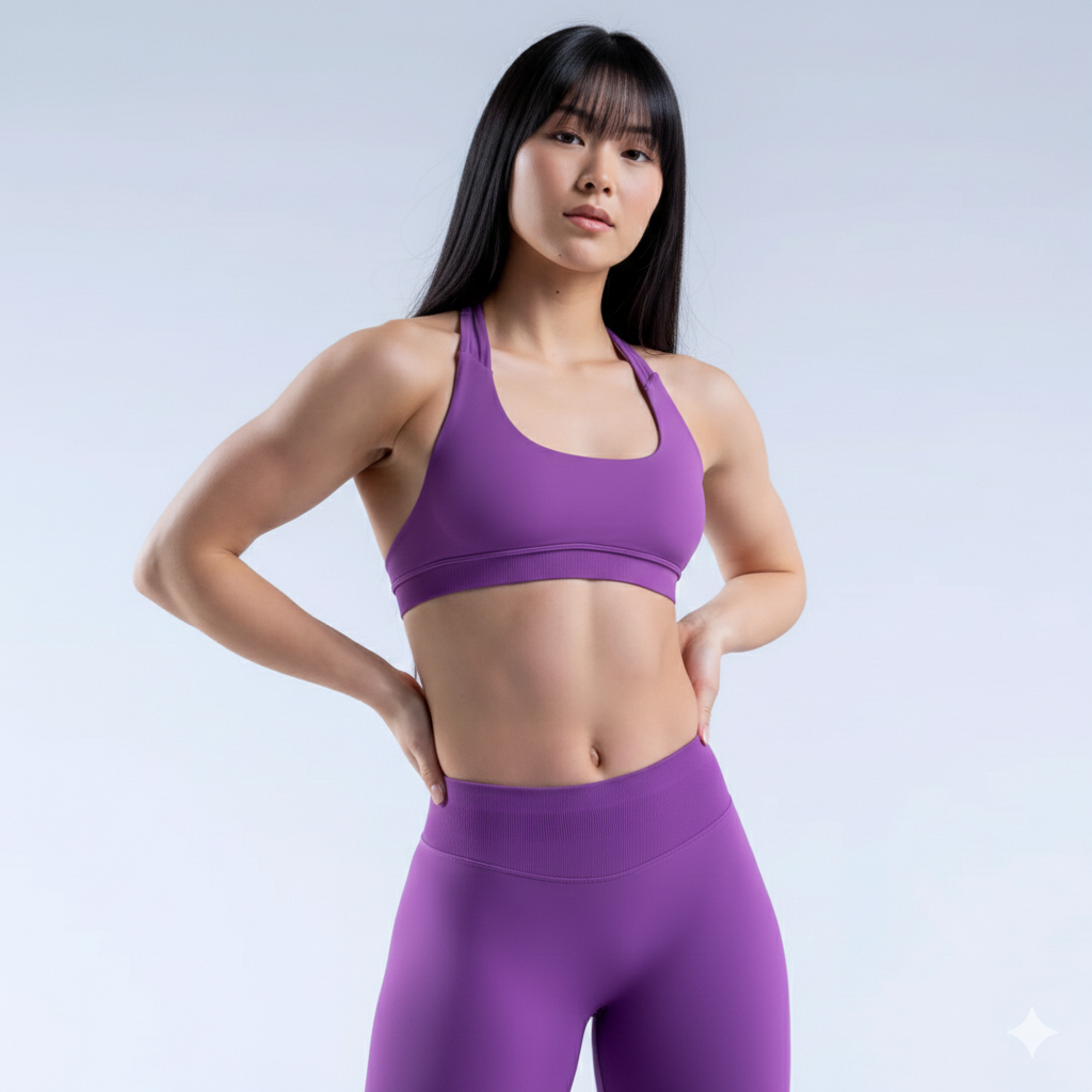 Empower Indigo Sports Bra front view Model wearing Empower Ivory Sports Bra