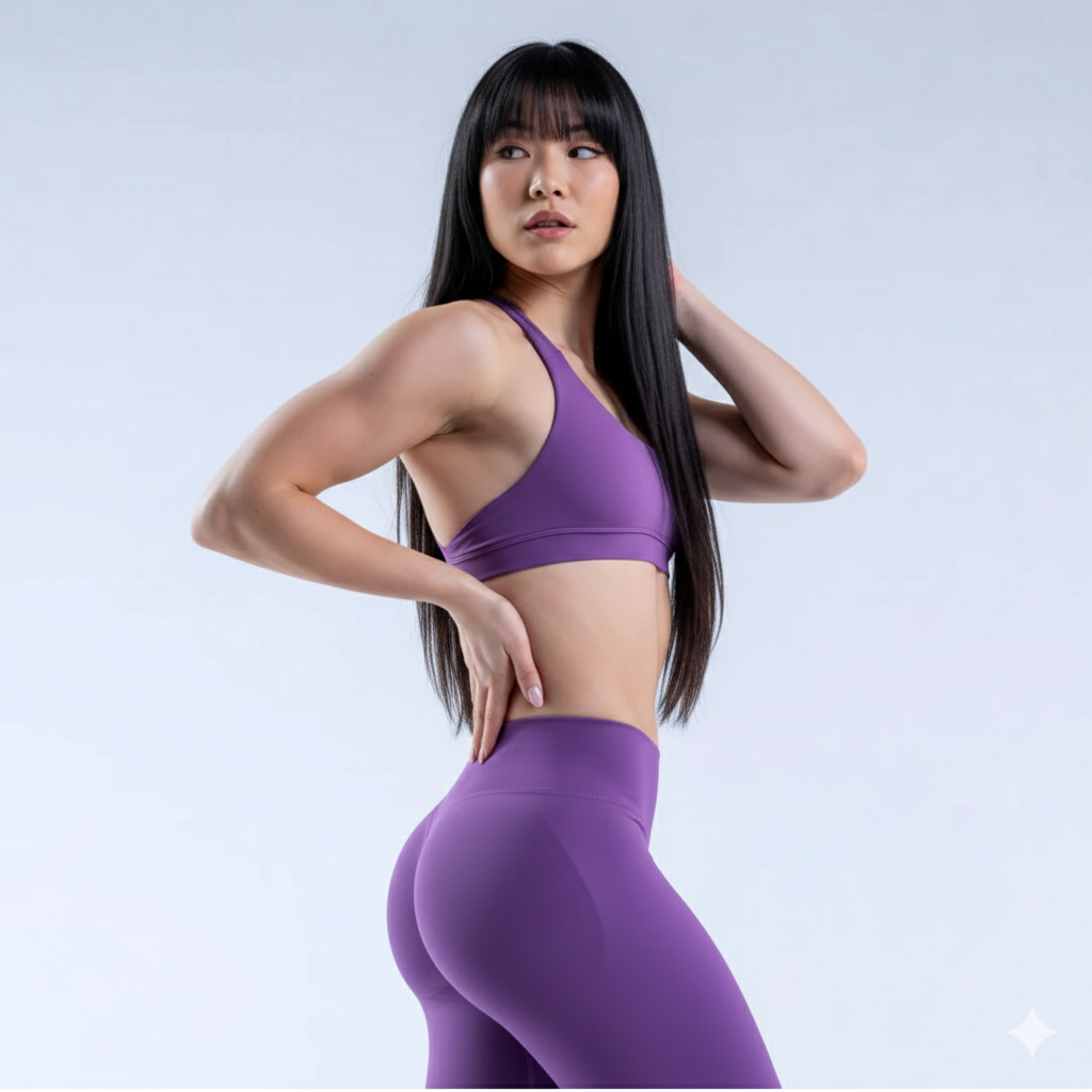 Model wearing Empower Ivory Sports Bra Empower Indigo Sports Bra front view