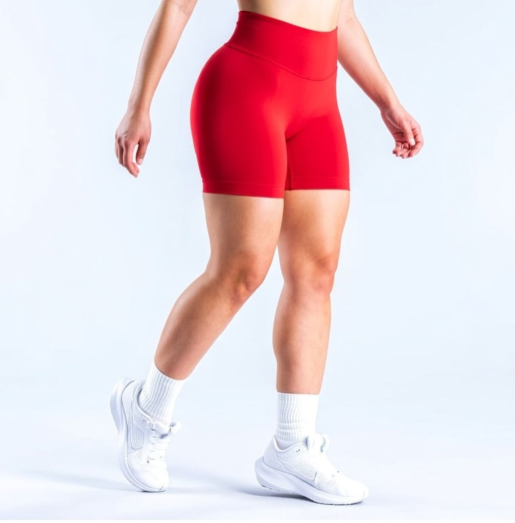 Model wearing Empower Olive Shorts Model wearing Empower Blossom Shorts